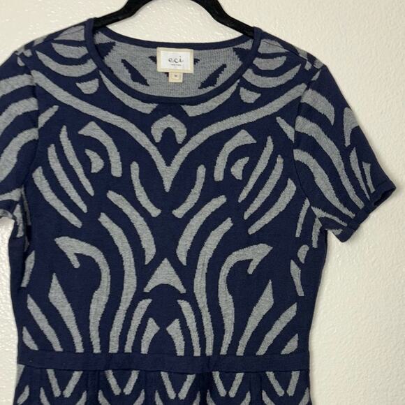 eci Sweater Dress Short Sleeve Fit & Flare Navy Blue Gray Mini Women's Medium - Picture 11 of 16